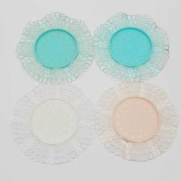 Vtg Teal Pink White Lace Lustro Ware Plastic 4 Coasters Holders Retro 1970's - Picture 3 of 16